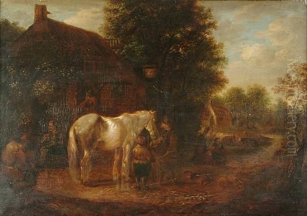 Peasants Feeding A Horse Outside A Cottage In A Wooded Landscape Oil Painting by Isaack Jansz. van Ostade