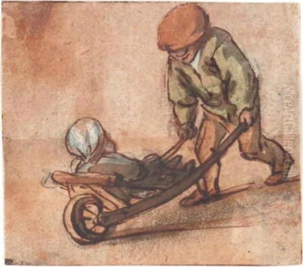 Boy Pushing A Baby In A Wheelbarrow Oil Painting by Isaack Jansz. van Ostade