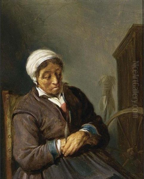 An Old Lady Sleeping At Her Spinning Wheel Oil Painting by Isaack Jansz. van Ostade