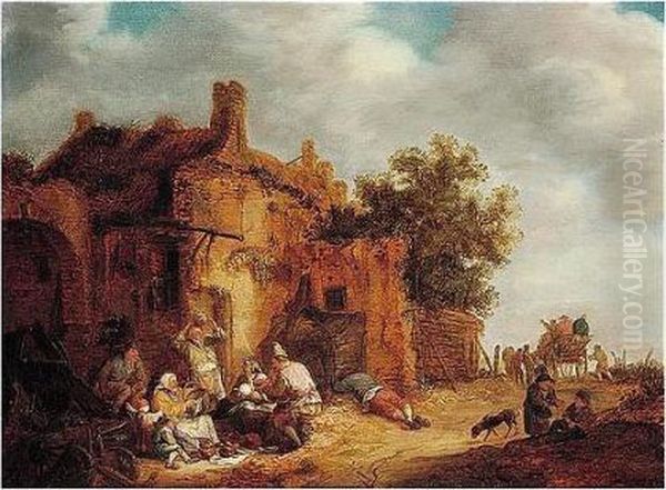 Peasants Eating Before A Tumbledown Cottage At The Side Of A Road Oil Painting by Isaack Jansz. van Ostade