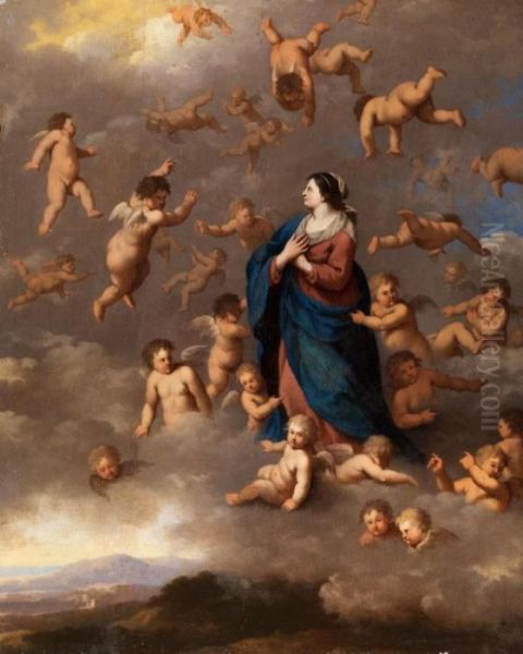 Maria In Wolken Von Engeln Umgeben Oil Painting by Cornelis Van Poelenburch