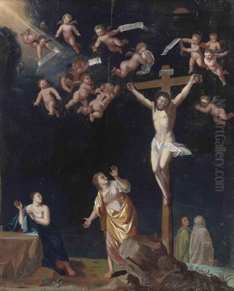 The Crucifixion With The Virgin, Saint Mary Magdalene, And Saintjohn The Evangelist Oil Painting by Cornelis Van Poelenburch