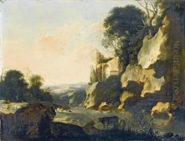 Paesaggio Roccioso Con Figure E Animali Oil Painting by Cornelis Van Poelenburch