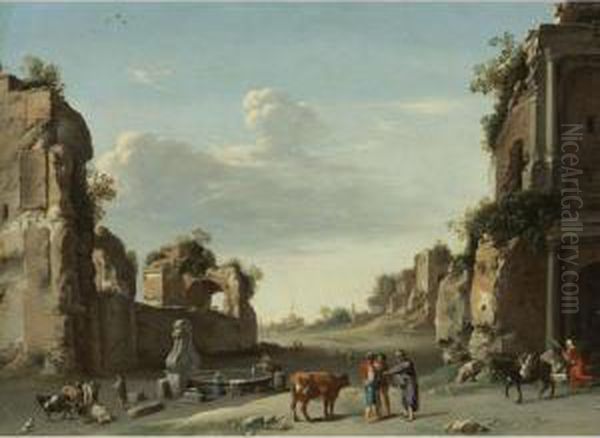 Capriccio Of Roman Ruins With A Merchant Buying A Bull Oil Painting by Cornelis Van Poelenburch