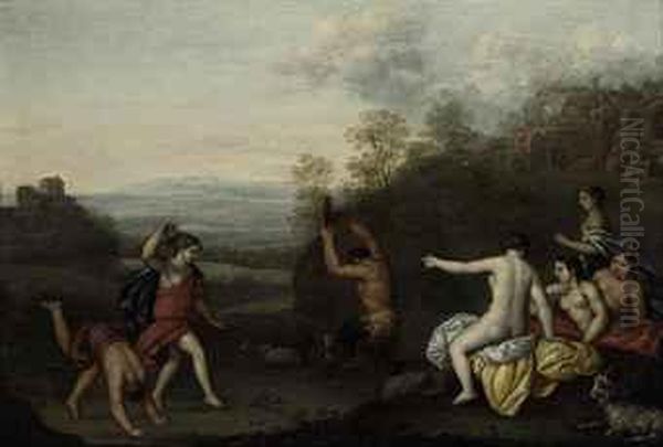 Nymphs And A Satyr Dancing In A Landscape, Ruins Beyond Oil Painting by Cornelis Van Poelenburch