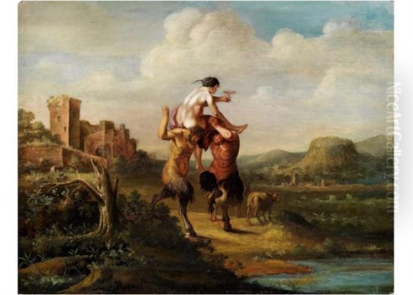 Zwei Bocksbeinige Satyren Bei 
Derentfuhrung Einer Trunkenen Frau Mit Weintazza In 
Arkadischerlandschaft Oil Painting by Cornelis Van Poelenburch