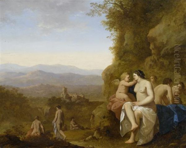 Italian Landscape With Nymphs And Cupid Oil Painting by Cornelis Van Poelenburch