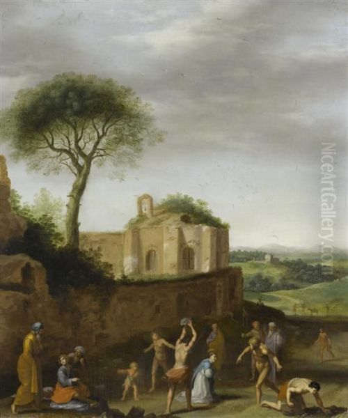 Martyrdom Of Saint
Stephen In A Landscape With Roman Ruins Oil Painting by Cornelis Van Poelenburch