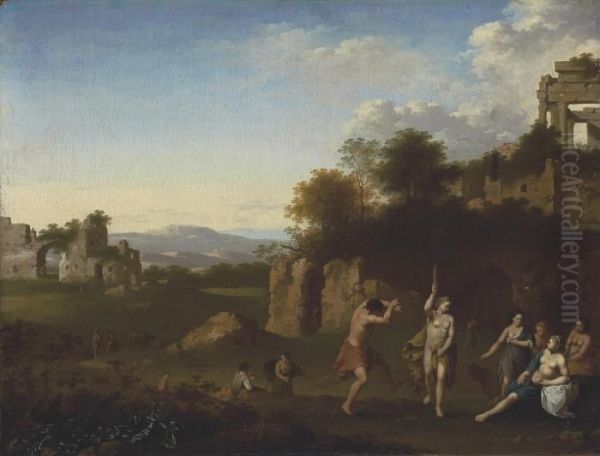 An Extensive Landscape With A Bacchanal, Architectural Ruinsbeyond Oil Painting by Cornelis Van Poelenburch