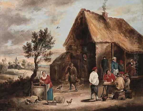 Peasants smoking and a Woman drawing Water from a Well outside a Tavern Oil Painting by David The Younger Teniers