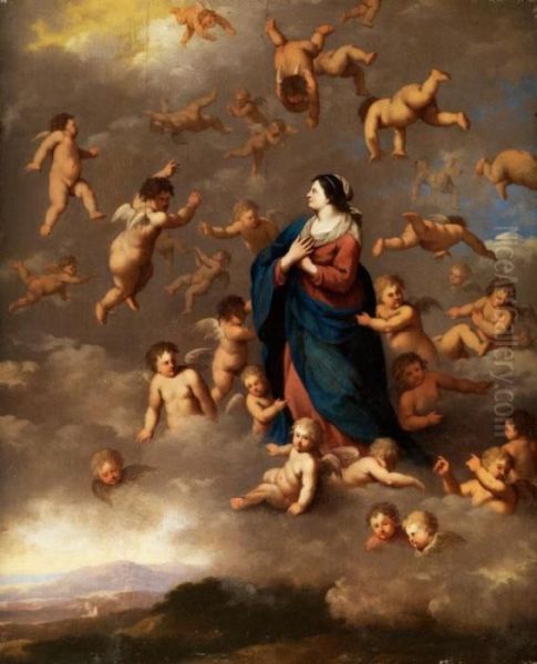 Maria In Den Wolken, Umgeben Vonengeln Oil Painting by Cornelis Van Poelenburch