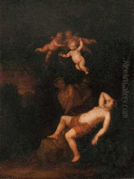 Schlafende Nymphe, Von Zwei Satyrn Beobachtet Oil Painting by Cornelis Van Poelenburch