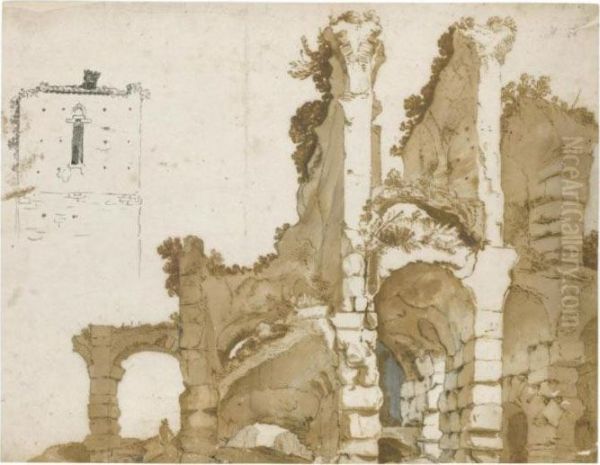 A View Of Part Of The Colosseum, Rome, And A Separate Study Of A Tower Oil Painting by Cornelis Van Poelenburch