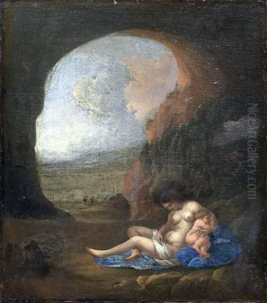 Schlafende Nymphe Mit Ihrem Kind In Einer Felsgrotte Oil Painting by Cornelis Van Poelenburch