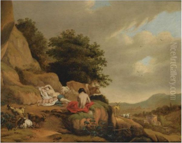 An Arcadian Landscape With A 
Shepherd Guarding A Sleeping Nymph Andputto, Together With His Goats And
 Cow Oil Painting by Cornelis Van Poelenburch