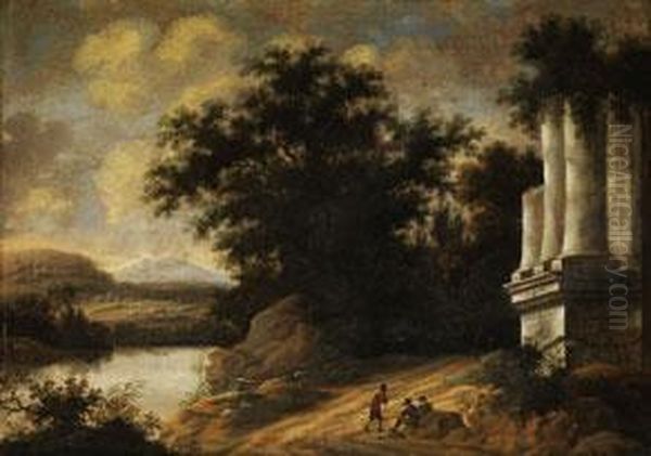 Sudliche Fantasielandschaft Mit Antiker Tempelruine Oil Painting by Cornelis Van Poelenburch