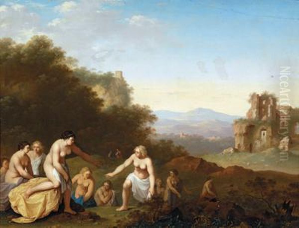 Paesaggio Con Rovine E Ninfe Al Bagno Oil Painting by Cornelis Van Poelenburch