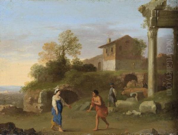 A Classical Landscape With Figures On A Path In The Foreground Oil Painting by Cornelis Van Poelenburch