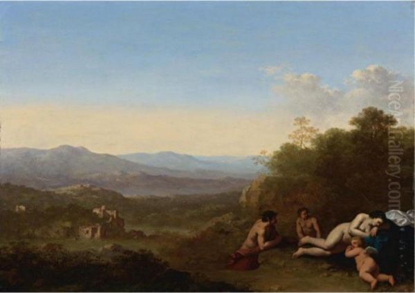 An Italianate Landscape With Venus And Cupid Sleeping, Two Satyrs Observing From Behind Oil Painting by Cornelis Van Poelenburch