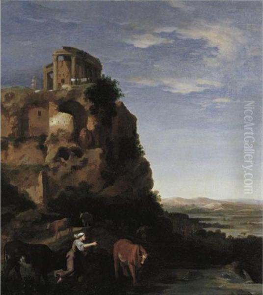 An Extensive Landscape With 
Herdsmen And Cattle Near Ruins, The Temple Of The Sybil On A Rock Beyond Oil Painting by Cornelis Van Poelenburch