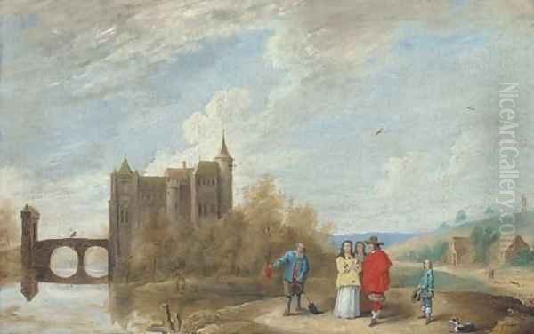 A river landscape with elegant company conversing with a peasant, a castle beyond Oil Painting by David The Younger Teniers