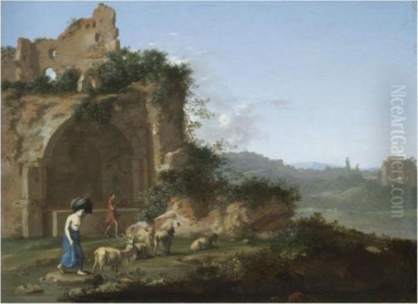 An Italianate Landscape With A Goat Herder And A Washerwoman Amongst Ruins Oil Painting by Cornelis Van Poelenburch