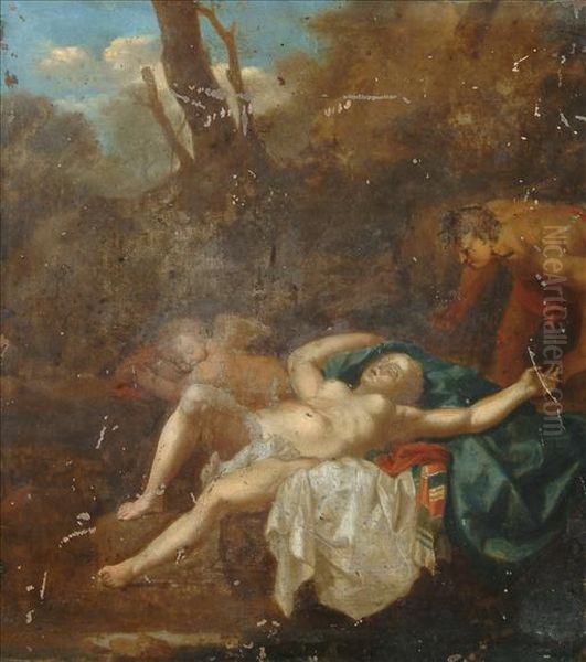 Follower Of Cornelis Van Poelenburgh Asleeping Nymph, Cherub And Satyr Oil Painting by Cornelis Van Poelenburch