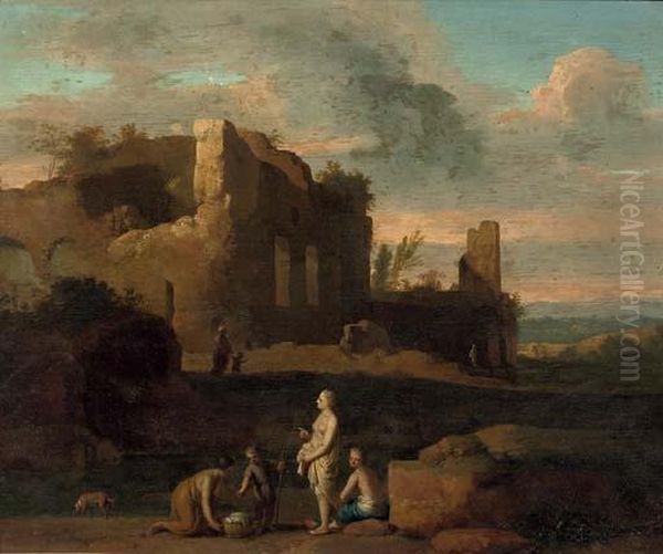 An Italianate Landscape With A 
Washerwoman And Other Figures Conversing By A Stream, Ruins Beyond Oil Painting by Cornelis Van Poelenburch