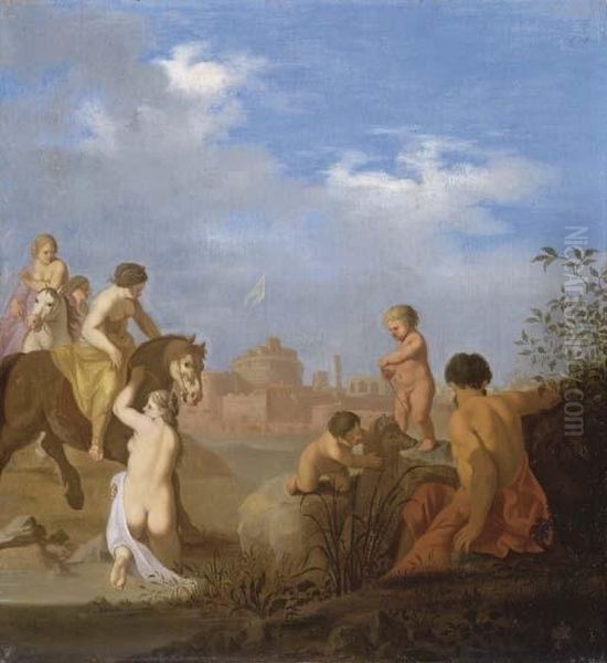 Clelie Traversant Le Tibre, Avec Le Chateau Saint-ange Dans Le Fond Oil Painting by Cornelis Van Poelenburch