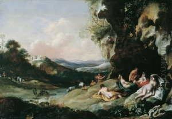 Landschaft Mit Einem Satyr Und Lagernden Oil Painting by Cornelis Van Poelenburch