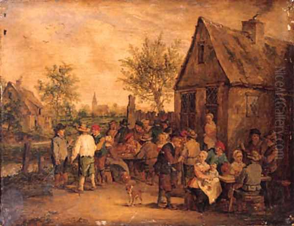 Boors smoking, drinking and playing at cards outside an inn Oil Painting by David The Younger Teniers