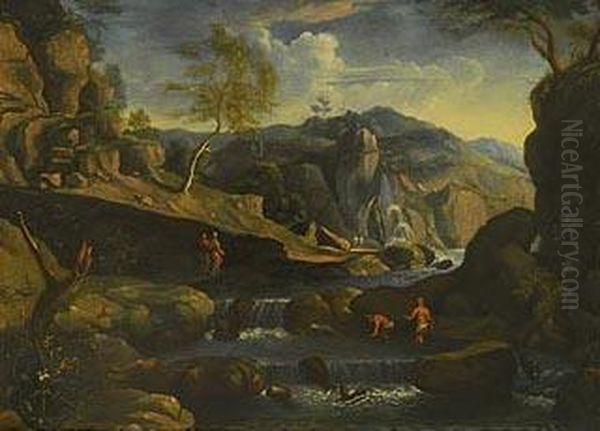 Par De Paisajes Rocosos Con Cascadas Y Banistas Oil Painting by Cornelis Van Poelenburch