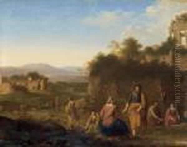  Paysage De La Campagne Romaine
 Avec Abraham Et Isaac > - < Paysage Avec Ruines Animees De Personnages  Oil Painting by Cornelis Van Poelenburch