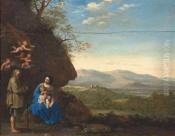 The Holy Family On The Flight Into Egypt. Oil/panel Oil Painting by Cornelis Van Poelenburch