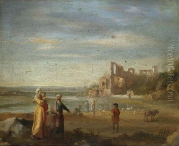 An Italianate Landscape With Abraham, Hagar And Ishmael Oil Painting by Cornelis Van Poelenburch