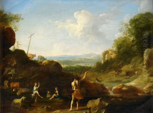 Bergigt Landskap Med Figurer Oil Painting by Cornelis Van Poelenburch