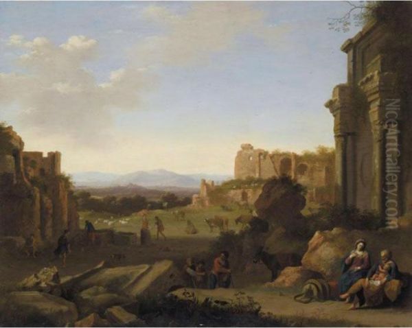 Italian Landscape With The Rest On The Flight Into Egypt Oil Painting by Cornelis Van Poelenburch