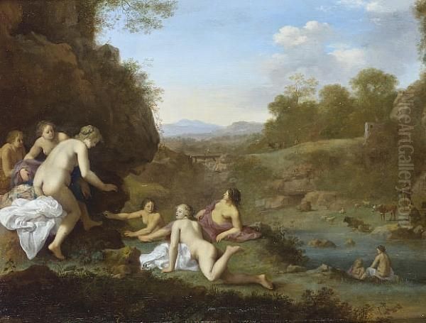 An Italianate Landscape With 
Nymphs Bathing At A River, A Hermit Contemplating A Crucifix In The 
Distance Oil Painting by Cornelis Van Poelenburch