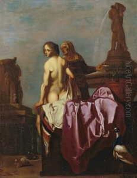 Bathseba Und Ihre Dienerin. Oil Painting by Cornelis Van Poelenburch