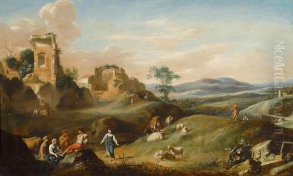 Landscape With Ruins, Herdsmen And Cattle. Oil Painting by Cornelis Van Poelenburch