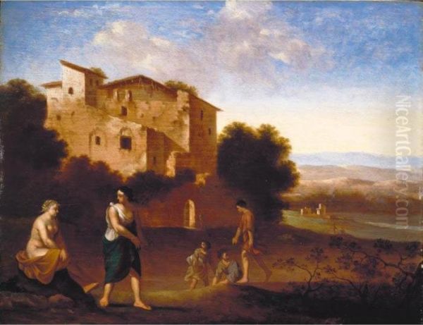 A Southern Landscape With Figures In Classical Dress Before A Ruined House Oil Painting by Cornelis Van Poelenburch