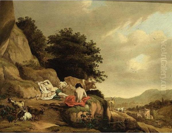 An Arcadian Landscape With A Nymph And A Shepherd Resting Together With Goats And A Cow Oil Painting by Cornelis Van Poelenburch