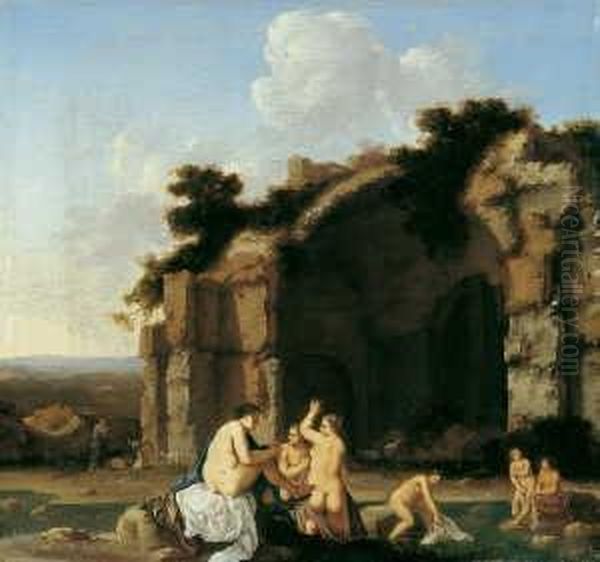 Badende Frauen (nymphen) Vor Romischen Ruinen. Oil Painting by Cornelis Van Poelenburch