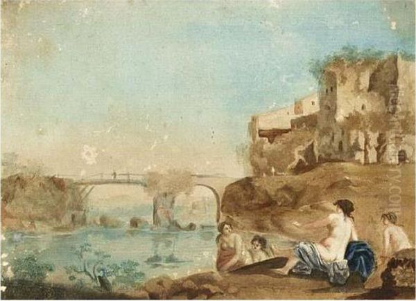 Four Women Bathing Near Ruins, A Bridge Beyond Oil Painting by Cornelis Van Poelenburch