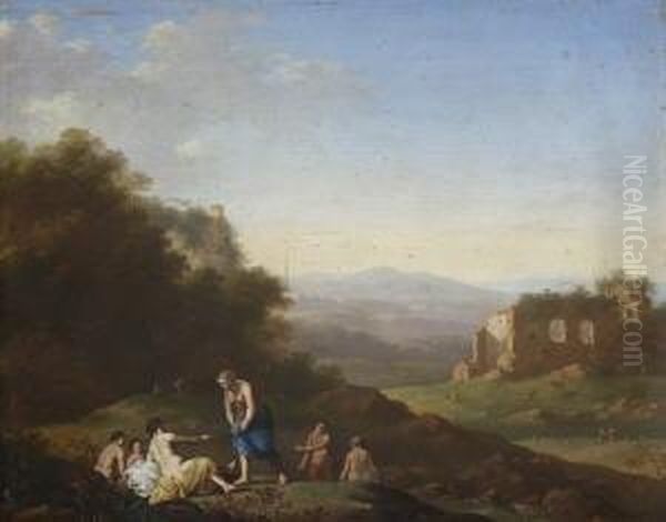 Badende In Sudlicher
 Ruinenlandschaft. Oil Painting by Cornelis Van Poelenburch