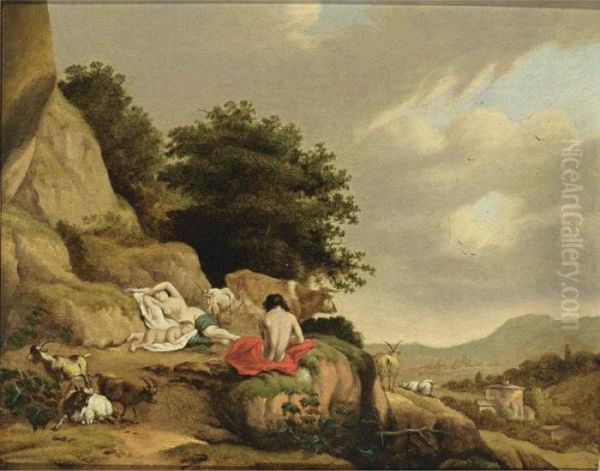 An Arcadian Landscape With A 
Nymph And A Shepherd Resting, Together With Goats And A Cow, A Village 
In The Distance Oil Painting by Cornelis Van Poelenburch