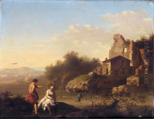 A Southern Landscape With Two Figures Bathing Near Ruins Oil Painting by Cornelis Van Poelenburch