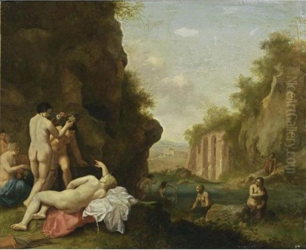 Nymphs Bathing In A Classical Landscape Near A Grotto Oil Painting by Cornelis Van Poelenburch