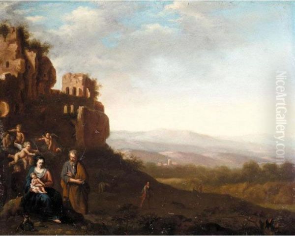 An Italianate Landscape With The Holy Family Before Ruins Oil Painting by Cornelis Van Poelenburch