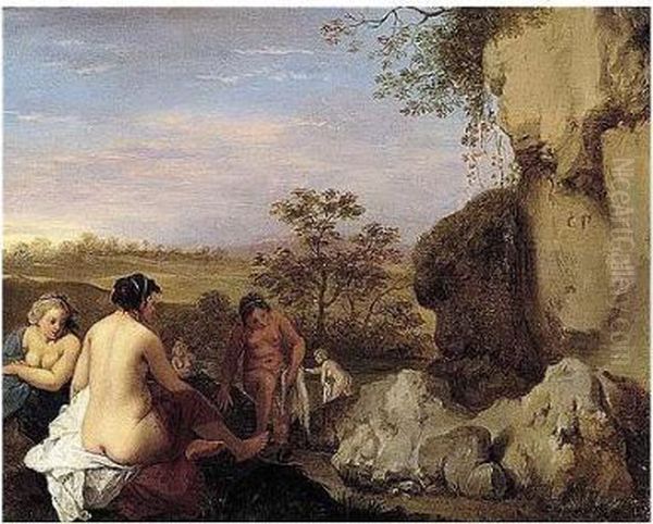 A Classical Landscape With Bathing Nymphs Oil Painting by Cornelis Van Poelenburch